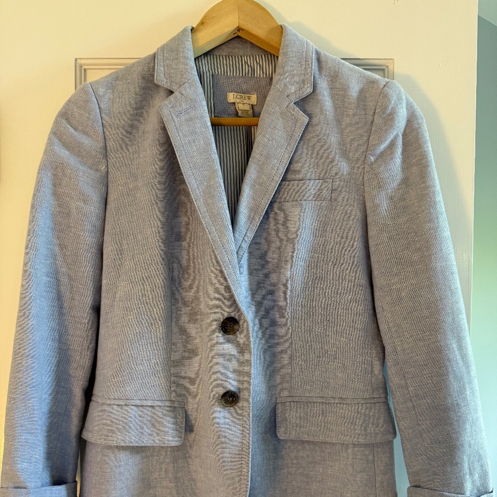 Cornflower blue j crew blazer with seersucker cuffs. S